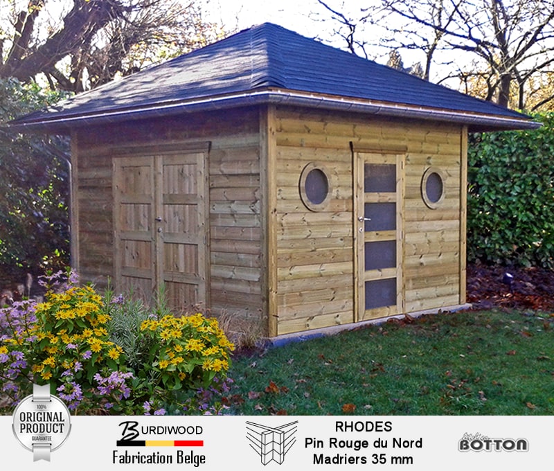 Vente et montage abris de jardin en bois 35mm de bonne qualité - Rhodes Burdiwood fabrication sur Namur - Atelier Botton